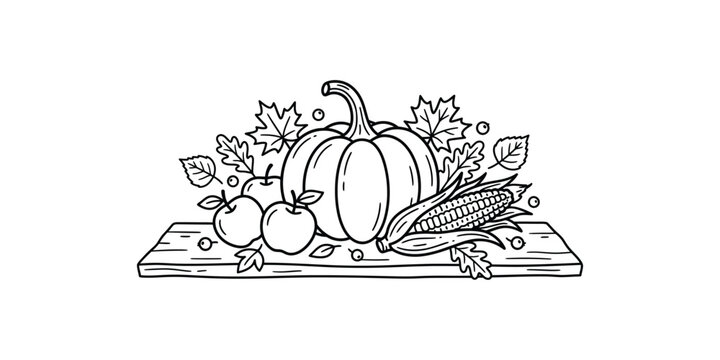 Hand drawn black and white illustration of a pumpkin and autumn harvest vegetables on a wooden table