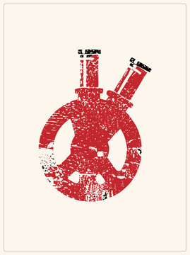 Grunge red stamp style pipe over peace symbol. Folk art "zoon" texture with speckling and fragmented ink for a raw, aesthetic suitable for skate decks or merch.
