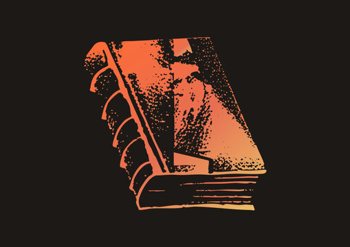 Stylized vector vintage hardcover codex in high contrast orange/black. Features ribbed spine and heavy stippling for a weathered, retro branding look.