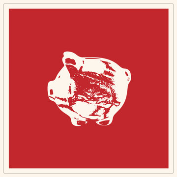 Vintage piggy bank in rough stencil style with grunge textures and chipped paint. Features high contrast red background with cream. Represents financial savings via a bold, flat aesthetic