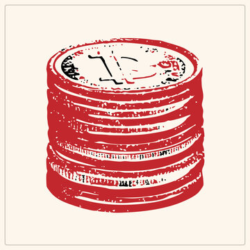 Vertical stack of red, weathered currency tokens with rough edges. Top coin shows a black abstract glyph like a dollar sign. Raw, vintage print aesthetic representing hard cash or gambling chips for f