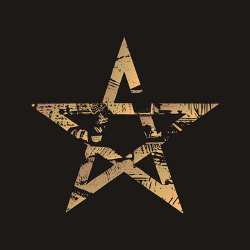 Grunge pentacle with gold beige gradient on dark void. Rustic, hand printed occult emblem suitable for tattoos.