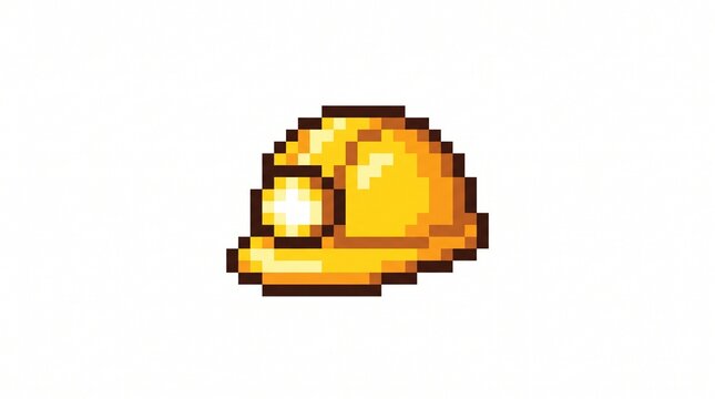 8-bit pixel art of a yellow miner hard hat helmet with a glowing headlamp game asset isolated on white.