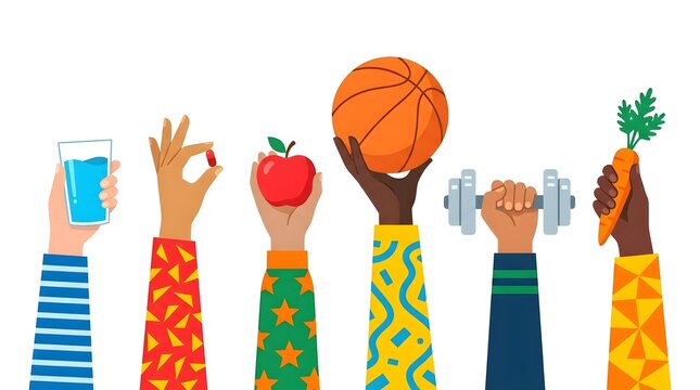 Diverse hands holding healthy lifestyle items including water glass, pill, apple, basketball, dumbbell, and carrot on white background