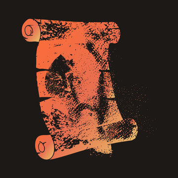 Distressed ancient parchment scroll with a bold face motif in heavy stippling. Grime style codex crumbling, debris drifting right. High contrast orange gradients against black voids create a weathered