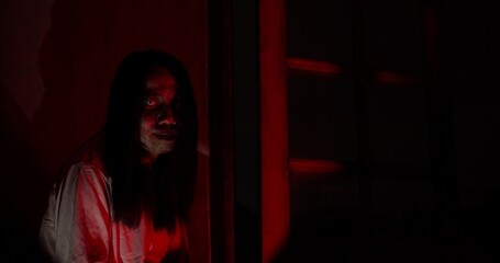 A terrifying ghost with a bloody face lurks in a dark, haunted house, illuminated by sinister red light for a horrifying Halloween scene. © HarryKiiM Stock