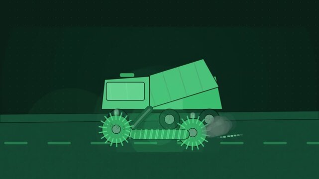Abstract animated street sweeper brushing the kerb drawn as green and teal lines and shapes on a deep dark background. Seamless looping 4K motion graphics video with free space for text, ideal for ind