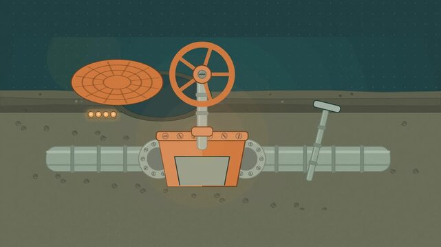 Abstract animated hydrant valve turning open drawn as amber and orange lines and shapes on a deep dark background. Seamless looping 4K motion graphics video with free space for text, ideal for sustain