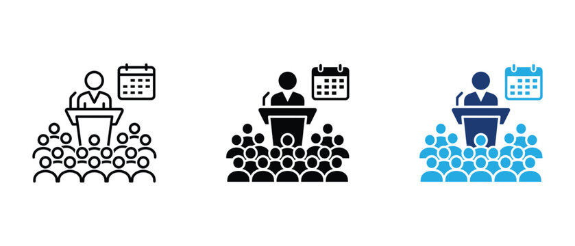 Event schedule speaker icon set, podium speech presenter audience calendar agenda linear solid and colored