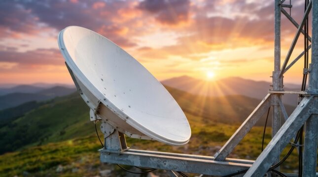 White satellite dish antenna on metal tower in mountains at sunset. Telecommunication and broadcasting equipment for signal transmission. Wireless communication network technology concept.