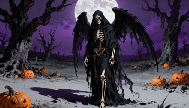Winged grim reaper skeleton standing among glowing pumpkins under giant full moon on Halloween night