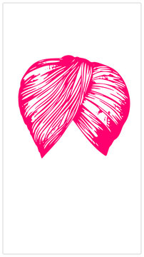Rough sketch of vibrant hot pink Sikh dastar with heavy hatching, mimicking vintage woodcut. Bold folk art symbol representing cultural heritage through edgy aesthetic.