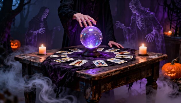 Mystical crystal ball divination ritual with tarot cards, candles and ghostly skeleton spirits on Halloween night