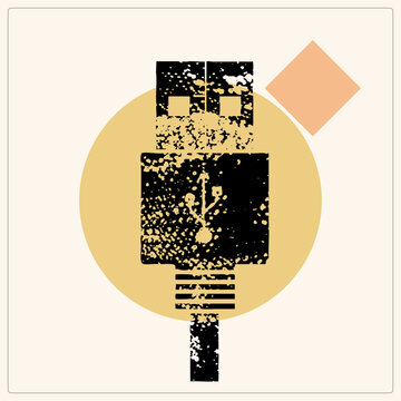 Stylized USB plug with heavy black speckling and worn texture. Connector atop mustard yellow circle with floating diamond. Retro flat vector art symbolizing digital storage in an industrial aest