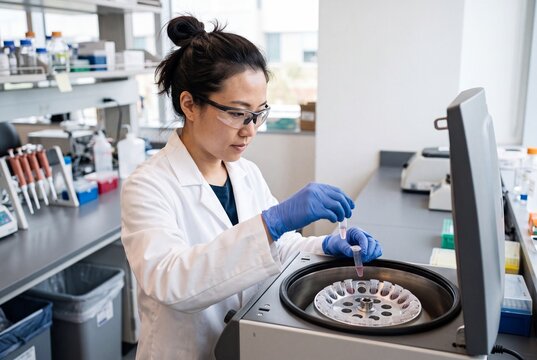 Asian female scientist loading sample tubes into a laboratory centrifuge machine for clinical medical research
