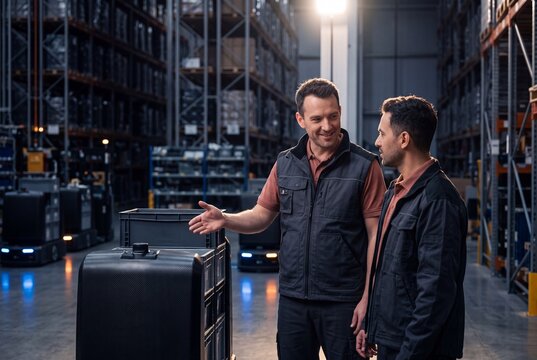 Two Warehouse Workers Discussing Automated Guided Vehicles and Smart Logistics in Modern Fulfillment Center