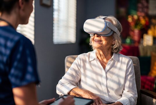 Elderly senior woman wearing a virtual reality headset during a modern healthcare therapy session with a nurse
