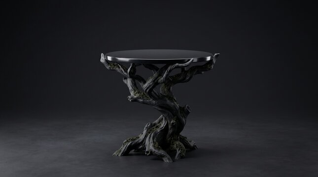 Stylized gnarled black basalt tree branch sculpture with flat level obsidian plate