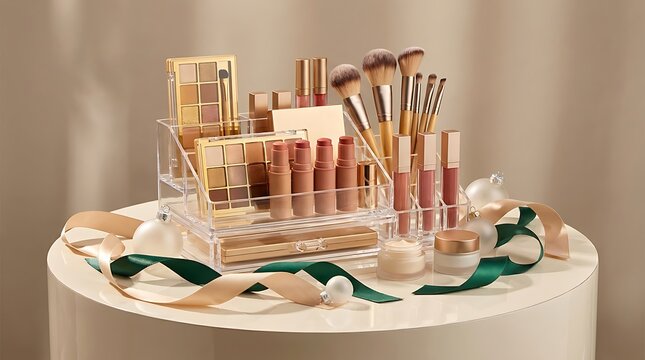 Collection of luxury makeup brushes and cosmetic palettes arranged on a modern round display table. makeup discount sets