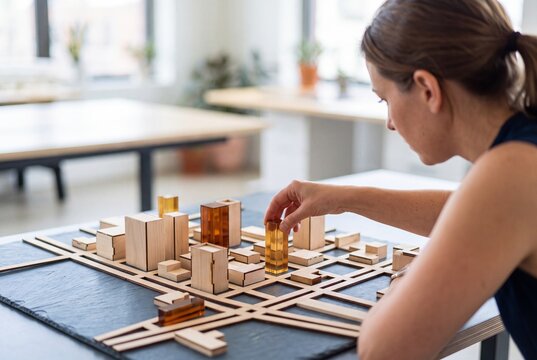 Female architect working on a wooden and acrylic scale model of a city layout in a modern design studio