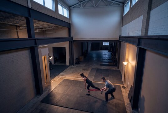 A personal trainer guides an athletic woman during a resistance band leg workout in a spacious industrial gym