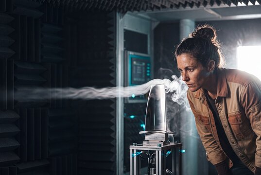 Female Engineer Conducting Aerodynamic Smoke Test on Turbine Blade in Laboratory