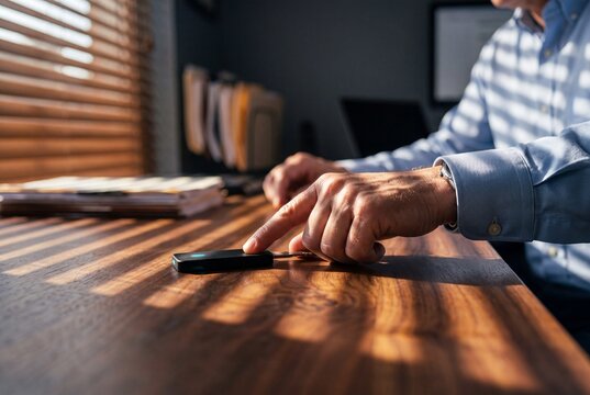 Businessman Using Hardware Security Key for Two-Factor Authentication on Wooden Office Desk