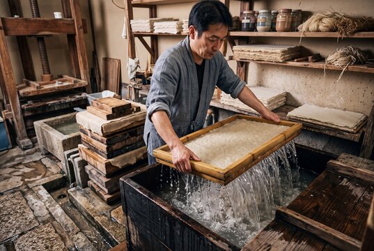 Asian craftsman creating traditional handmade paper using wooden deckle frame in authentic artisan workshop
