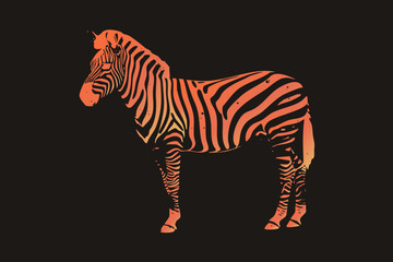 Fototapeta premium Stencil style graphic of a vibrant orange zebra in profile. Features grunge speckles, high contrast, and bold markings on a dark void. A vector design capturing the animals wild essence through simpl