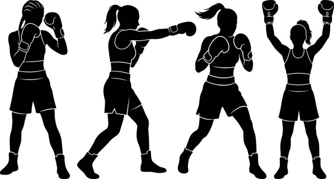 Set of female boxer silhouettes in various poses
