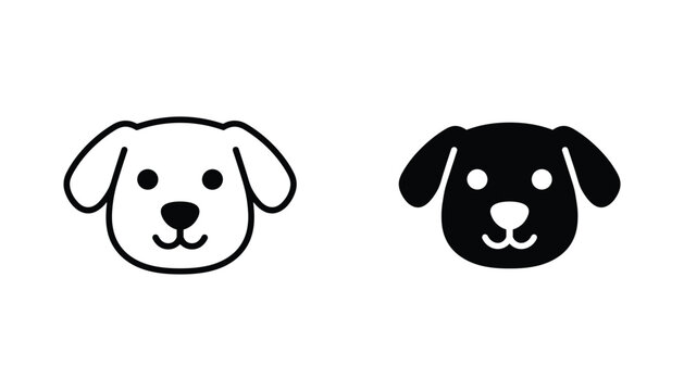 Dog face vector icon isolated on white Black and white outline line art and solid glyph silhouette