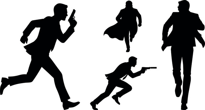 Silhouettes of secret agents in suits running and holding guns