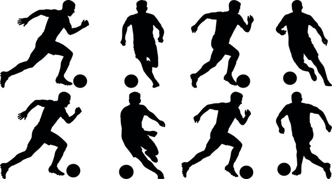 Set of soccer players silhouettes dribbling and running with a ball