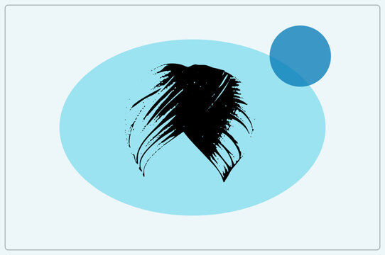 Distressed black dastaar silhouette with rough brushstrokes on a light blue oval. A darker blue circle overlaps the upper right, creating an abstract, textured composition with high contrast against a