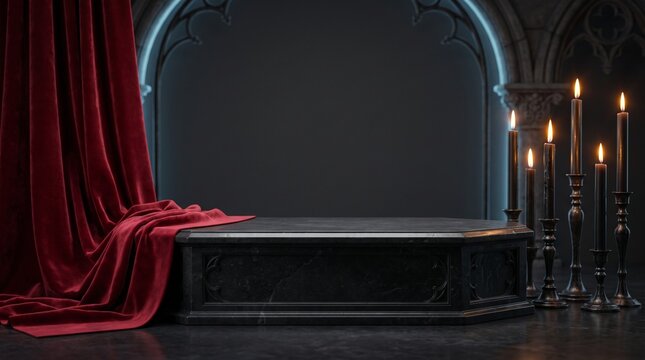Gothic black basalt elongated hexagonal chest podium with flat polished surface