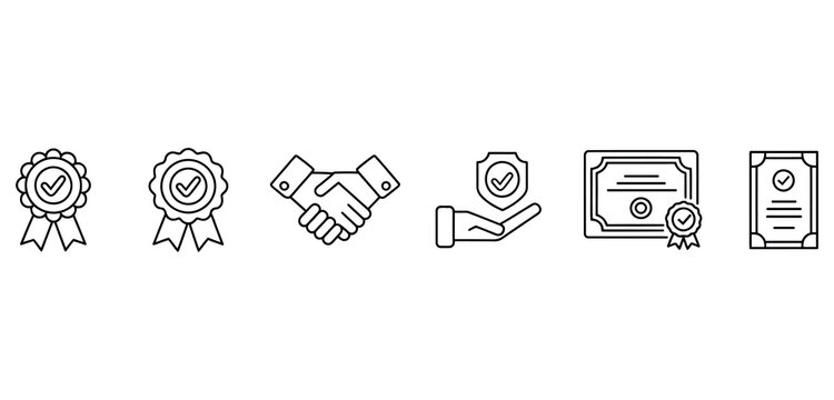 Set of quality assurance and business trust line icons for professional corporate branding use.