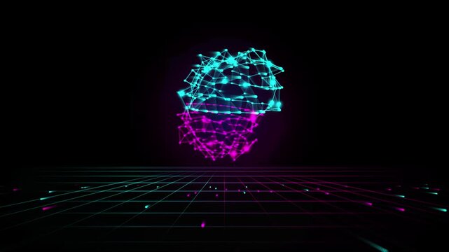 Glowing Neon Plexus Wireframe Mesh Object Rotating Over Retro Cyber Grid Background Loop