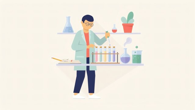 Flat vector illustration of a scientist working in a laboratory with test tubes and glassware