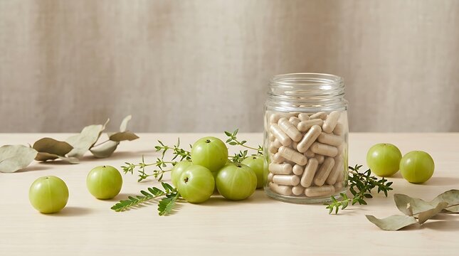Fresh amla fruit and herbal medicine capsules in a glass jar on a light table for health concept. Aamla capsule benefits