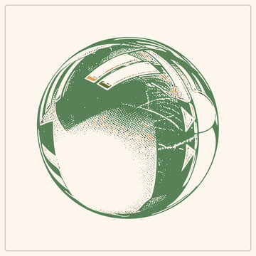 Retro olive green halftone sphere with grunge textures on a cream background. Curved segments create depth, while distressed ink registration shifts mimic old screen printing.