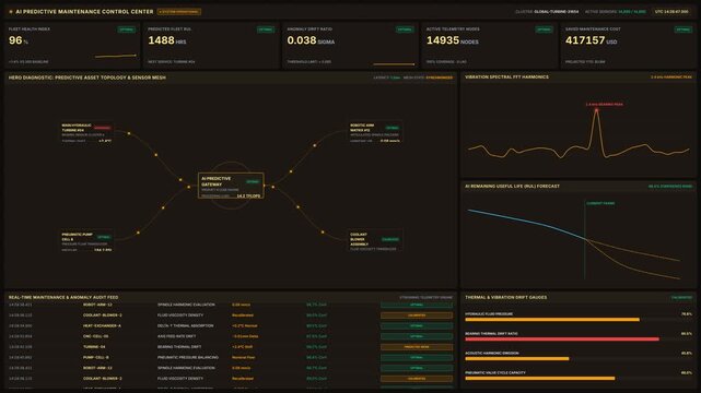 Advanced ai predictive maintenance control center dashboard interface monitoring factory operations, for industrial automation, smart manufacturing, machine learning, data analytics systems