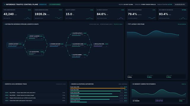 Advanced ai inference traffic control dashboard with real-time metrics, for machine learning operations, neural network performance monitoring, system optimization, data analysis