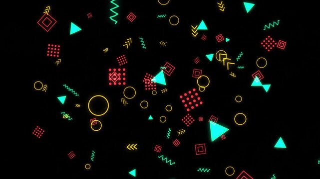 Retro Memphis style neon geometric shapes falling on a black background loop animation