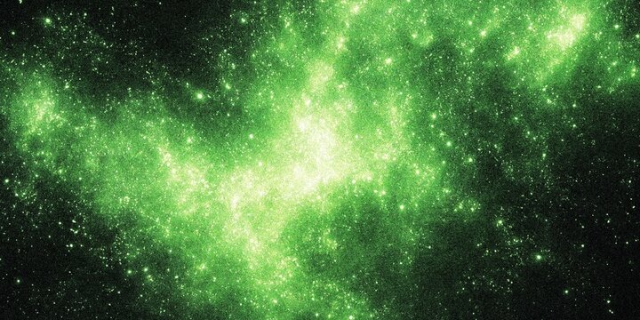 Abstract green stardust background with glowing particles and cosmic light texture