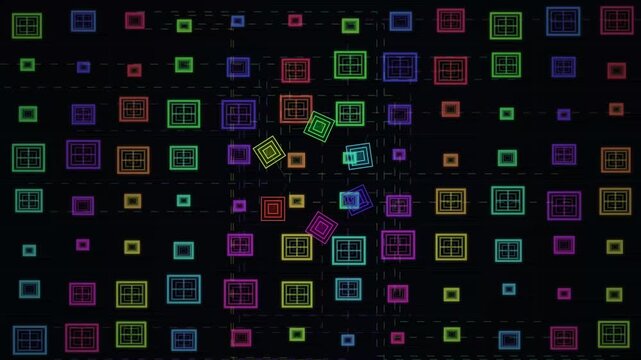 Colorful grid of glowing squares on black background.