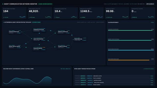 Agent communication network monitor dashboard with real time node cluster metrics data packet stream, for advanced artificial intelligence workflow management systems modern technology