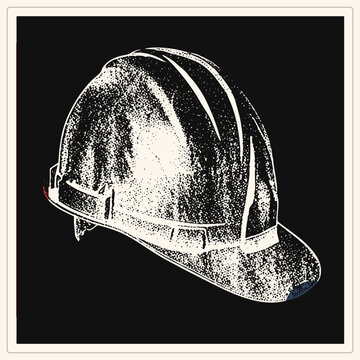 Gritty B&W stippled vector of a construction hard hat. Heavy noise and dot density define the, evoking raw industrial durability for labor themed branding.