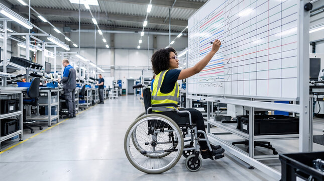 Wheelchair user marking a checkmark on a shop floor tracking board