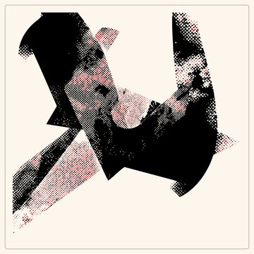 Bold black flexed arm silhouette with coarse halftone dots and red stippling. Gritty "tough guy" motif featuring high contrast texture on a cream background, emphasizing vintage screen printing grain