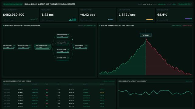 Algorithmic trading execution monitor interface for real-time market data financial analytics, for automated high frequency stock trading, algorithmic execution, financial market